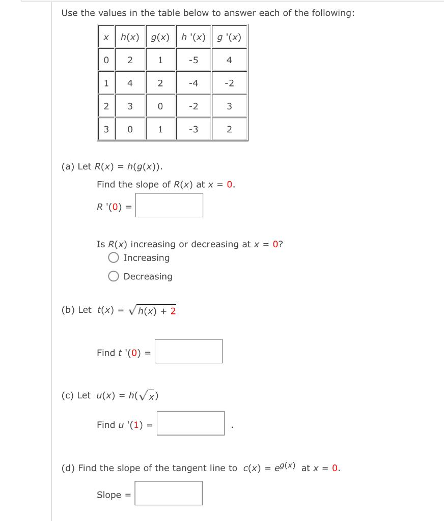 Solved Use the values in the table below to answer each of | Chegg.com