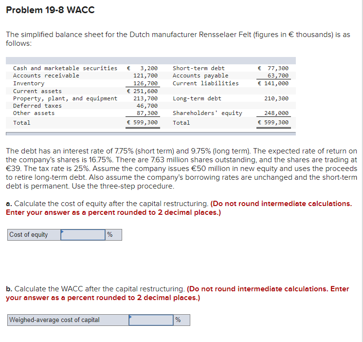 Solved Problem 19-8 WACC The simplified balance sheet for | Chegg.com
