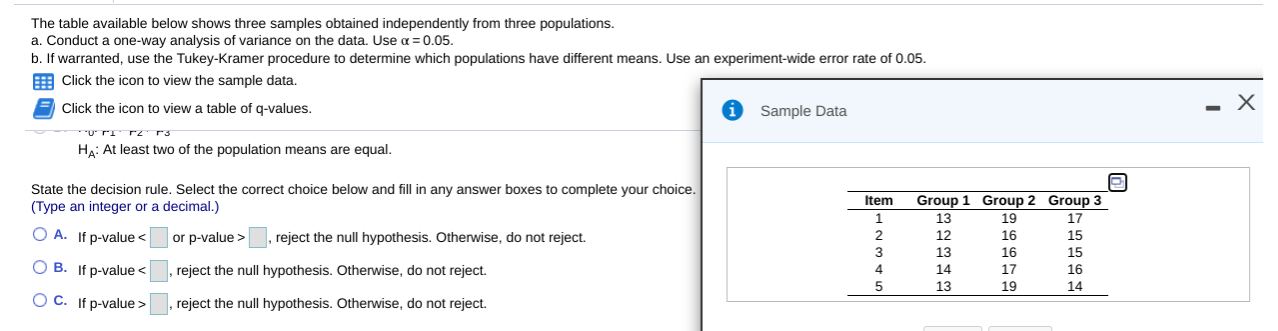 Solved The table available below shows three samples | Chegg.com