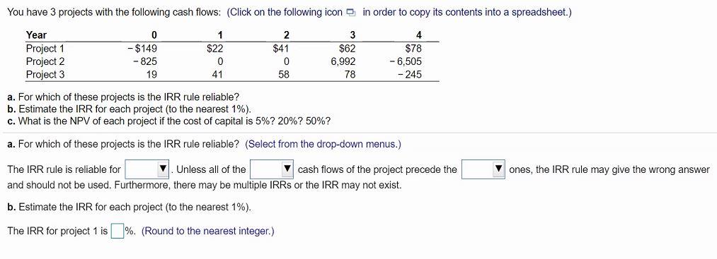 You have 3 projects with the following cash flows: | Chegg.com