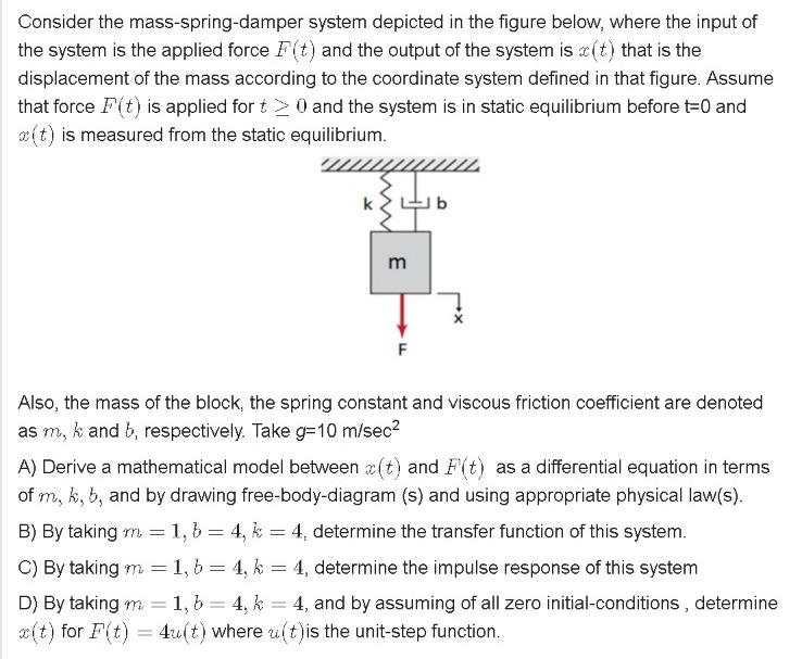 Solved Consider The Mass Spring Damper System Depicted In 7024