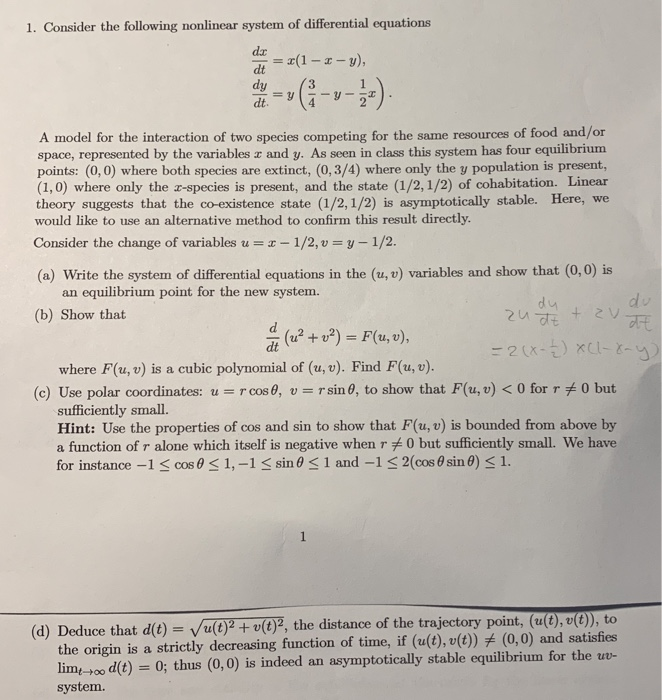 Solved 1. Consider the following nonlinear system of | Chegg.com