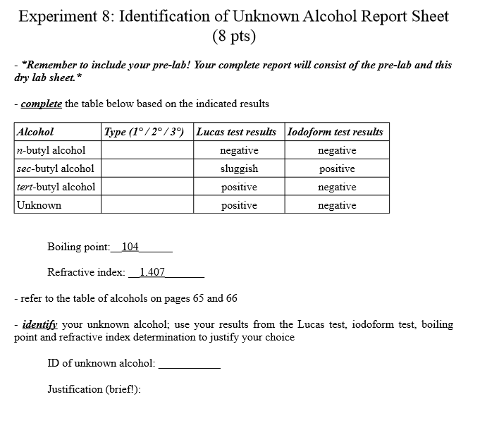 Solved Experiment 8 Identification of Unknown Alcohol