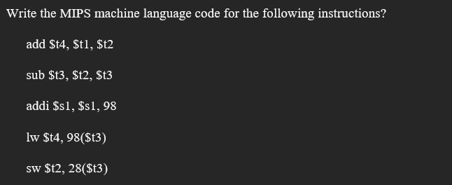 Solved Write the MIPS machine language code for the | Chegg.com
