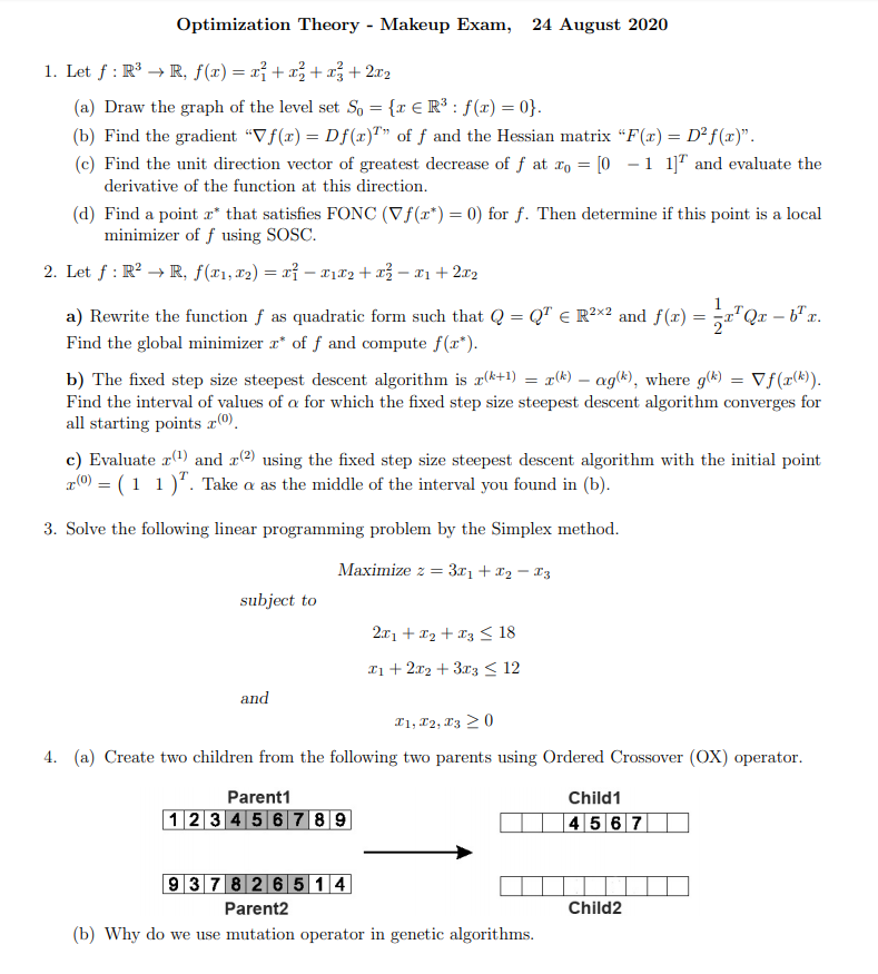 Optimization Theory Makeup Exam 24 August 2020 Chegg Com