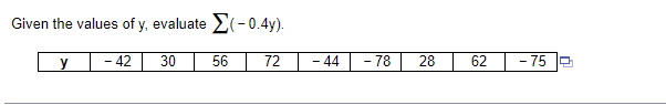 Given the values of y, evaluate y 42 30 (-0.4y). 72 56 - 44 78 28 62 -75