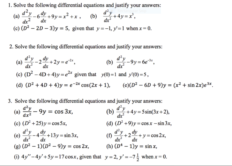 Solved d’y 1. Solve the following differential equations and | Chegg.com