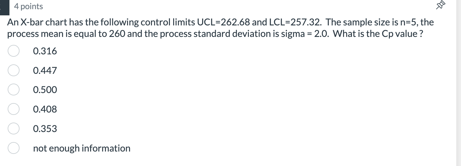 Solved ea 4 points An X-bar chart has the following control | Chegg.com