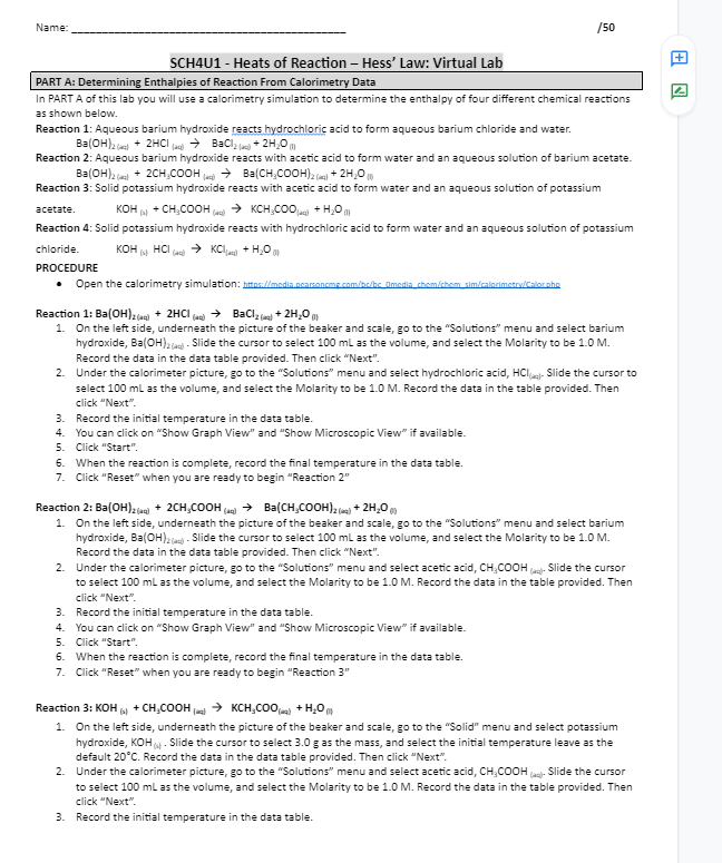 Name /50 SCH4U1 Heats of Reaction Hess' Law