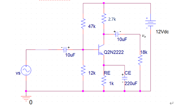 Solved 2.7k 47k 12vdc A 10uf Vo + 10uf Q2n2222 18k Vs 12k Re 