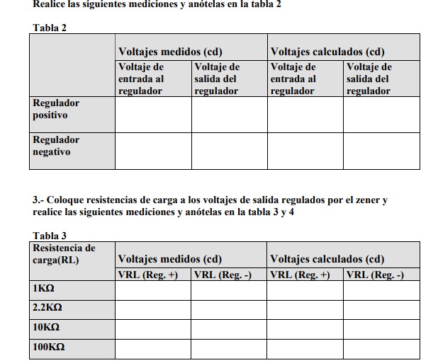 Realice las siguientes mediciones y anótelas en la tabla 2 3.- Coloque resistencias de carga a los voltajes de salida regulad