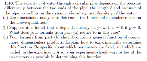 Solved 1.10. The velocity v of water through a circular pipe | Chegg.com