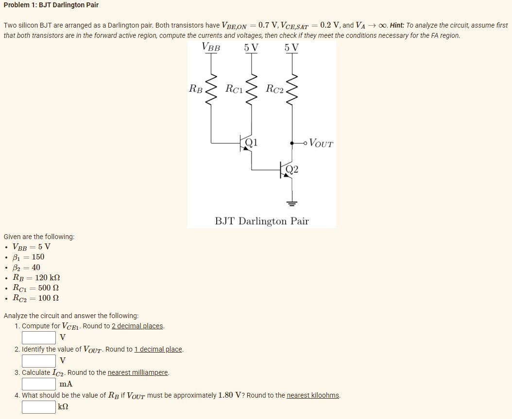 Solved Problem 1 BJT Darlington Pair Two silicon BJT are