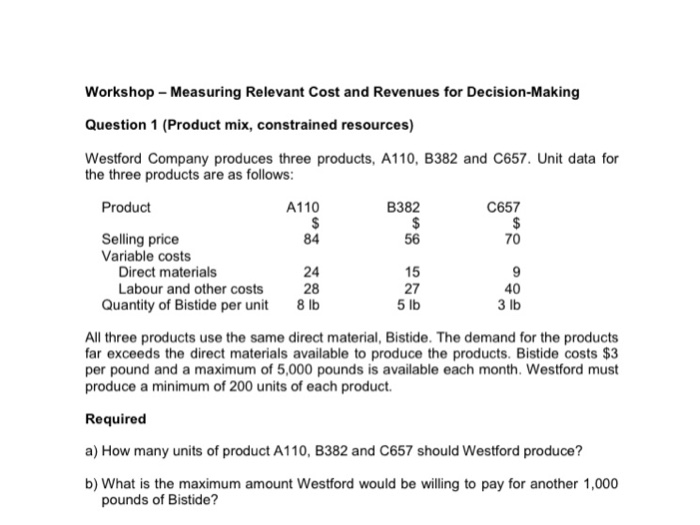 Solved Workshop - Measuring Relevant Cost And Revenues For | Chegg.com