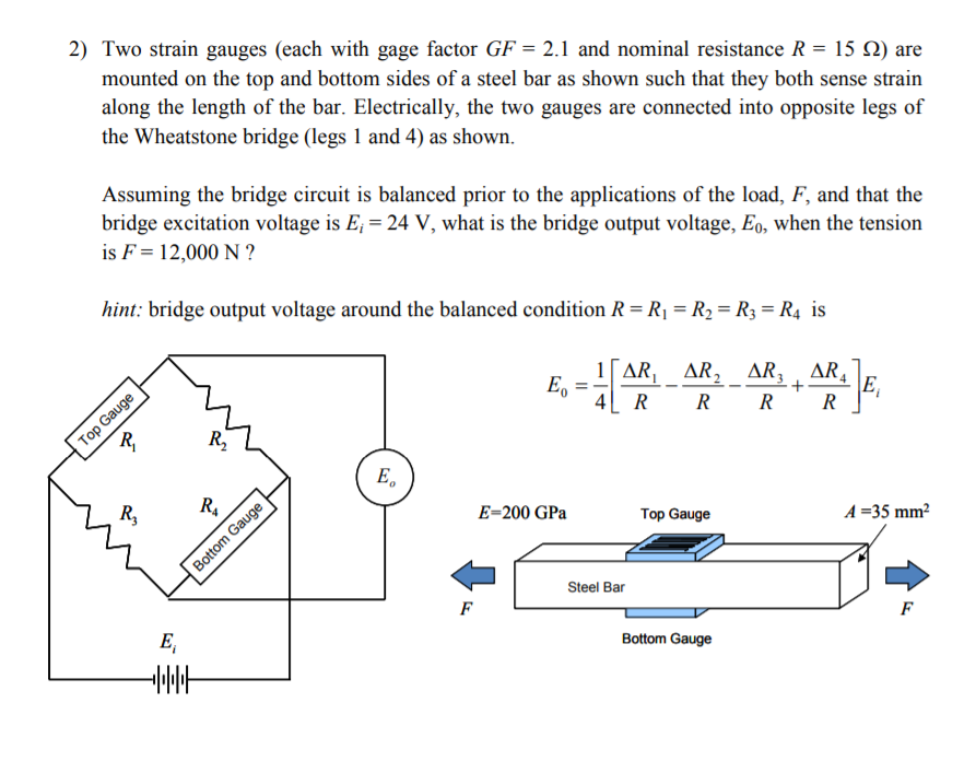 Solved 2) Two strain gauges (each with gage factor GF = 2.1 | Chegg.com