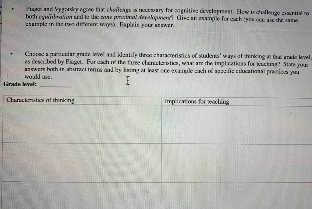 Solved Piaget and Vygotsky agree that challenge is necessary