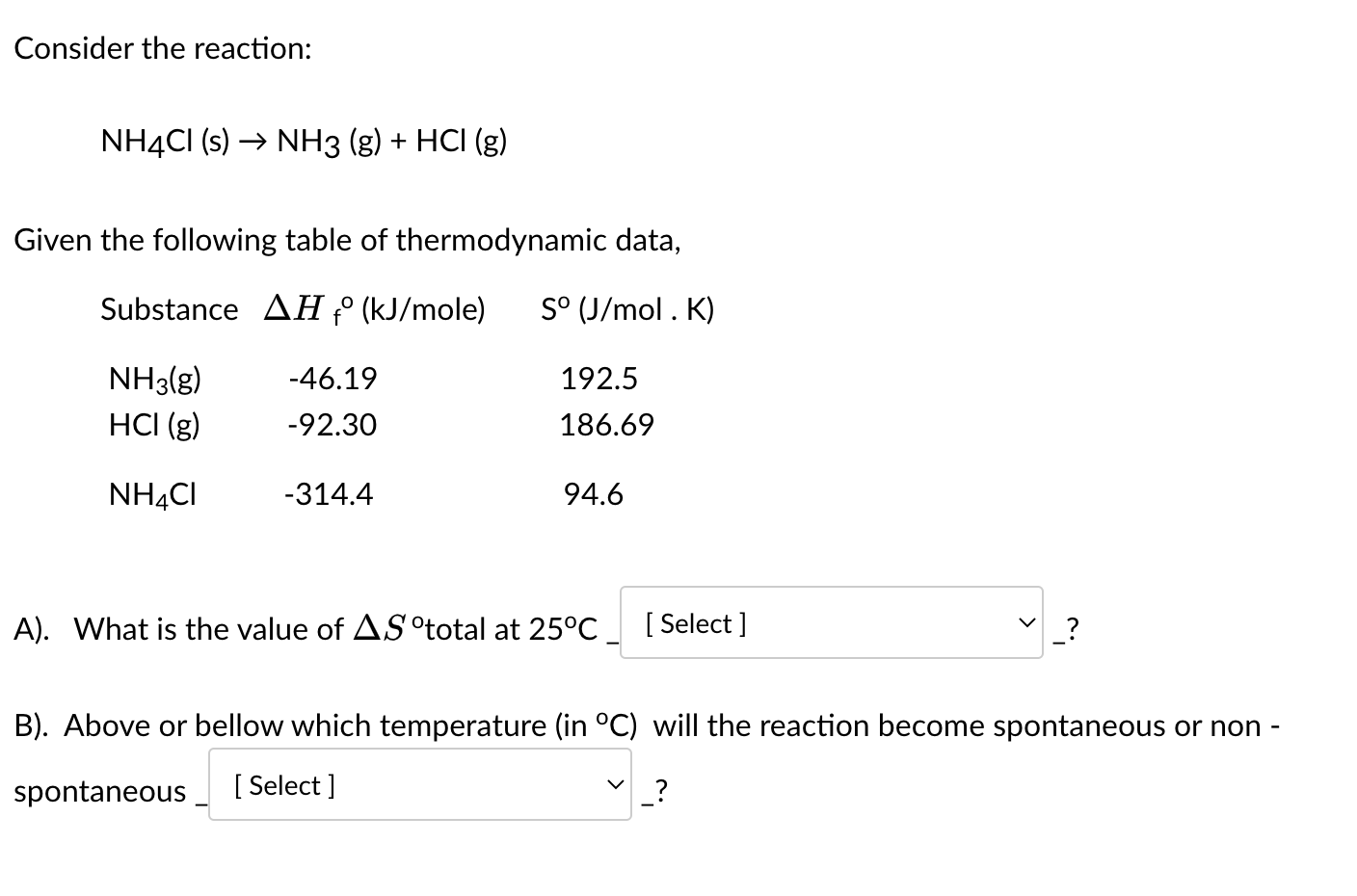 Consider the reaction:
NH4Cl (s) ? NH3(g) + HCI (g)
Given the following table of thermodynamic data,
Substance AH f (kJ/mole)