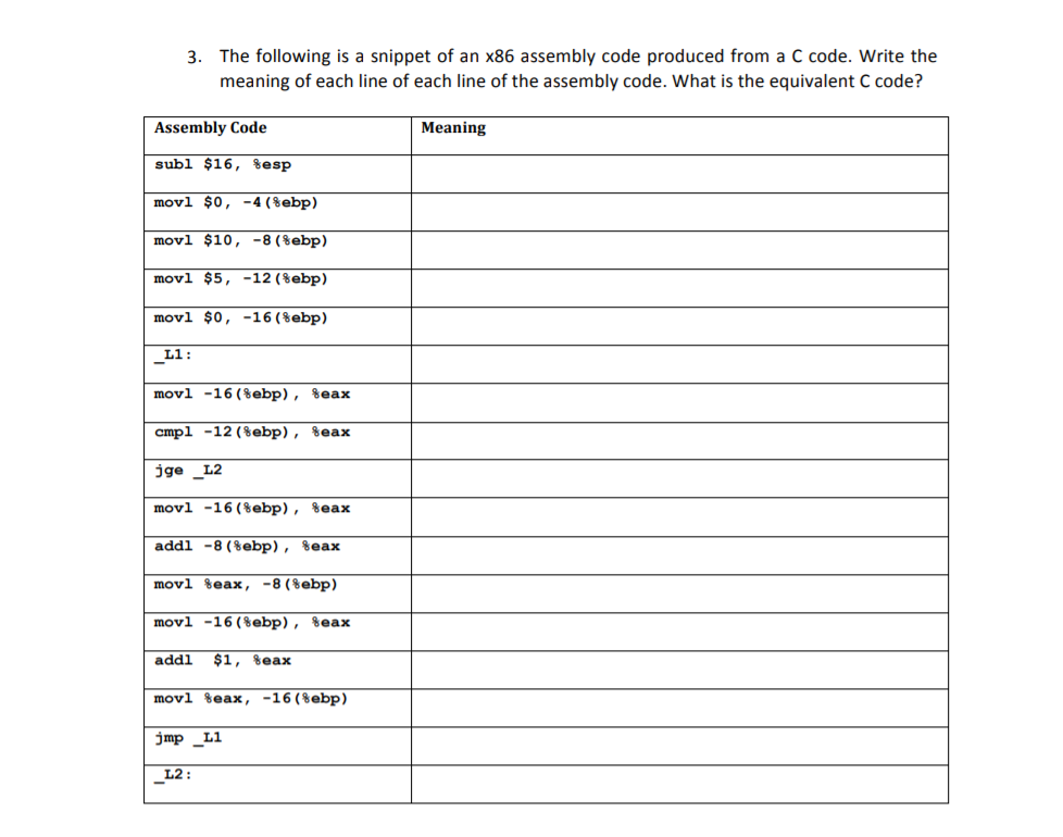 Solved 3. The following is a snippet of an x86 assembly code