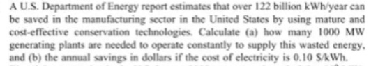 Solved A U.S. Department Of Energy Report Estimates That | Chegg.com