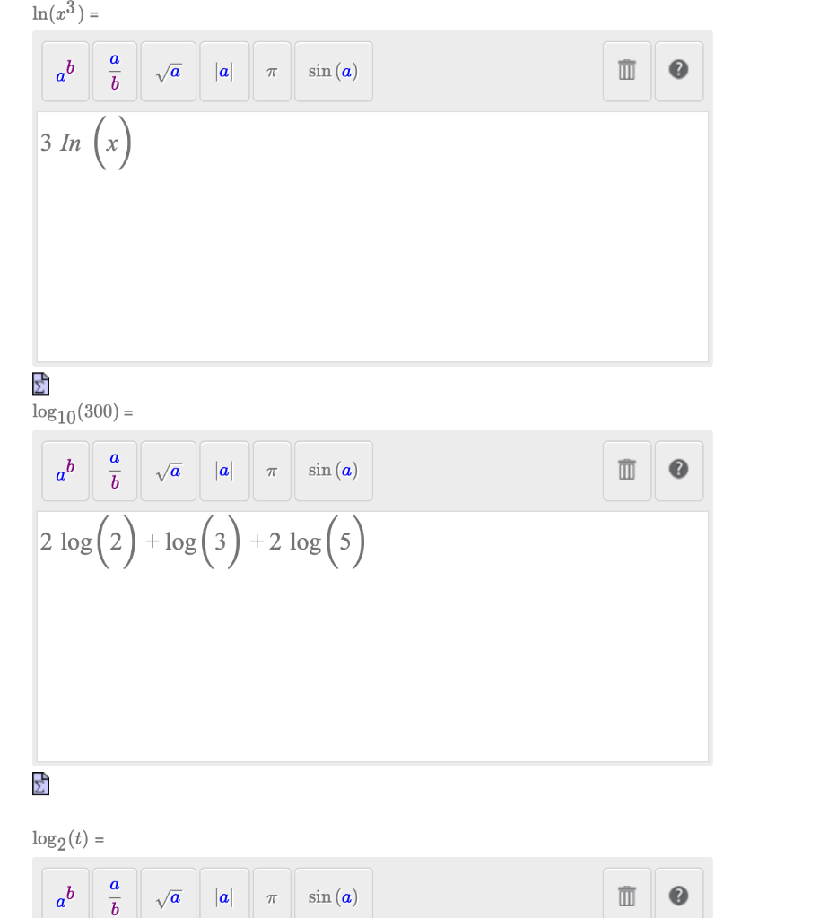 Solved ln(x3)= L log10(300)= 目 log2(t)= | Chegg.com