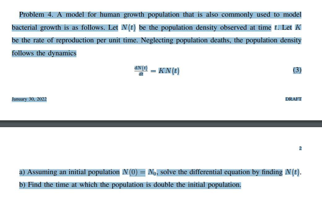 Solved Problem 4. A model for human growth population that | Chegg.com