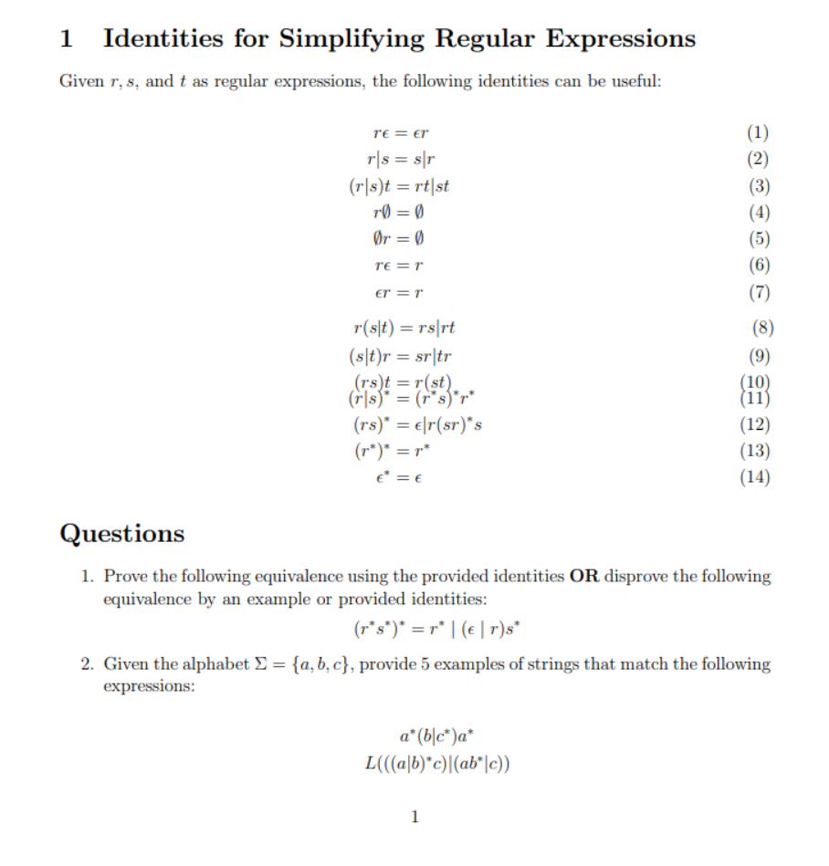 1 Identities For Simplifying Regular Expressions | Chegg.com