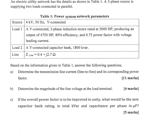 An electric utility network has the details as shown in Table 1. A 3-phase source is supplying two loads connected in paralle