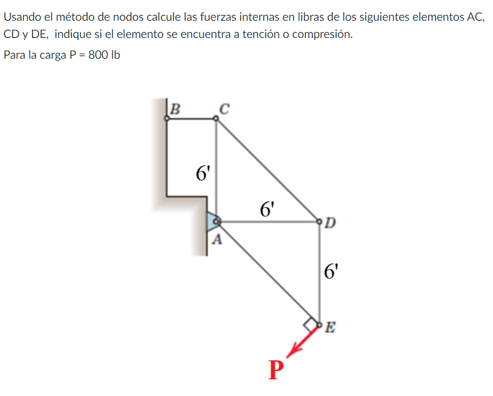 Usando el método de nodos calcule las fuerzas internas en libras de los siguientes elementos AC, \( C D \) y \( D E \), indiq