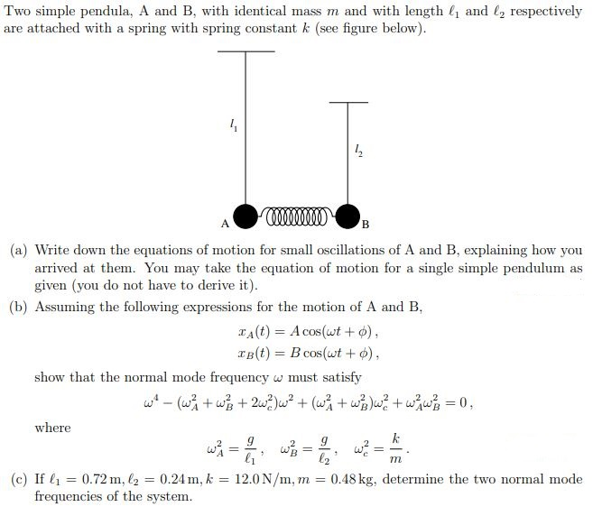 Solved Two simple pendula, A and B, with identical mass m | Chegg.com