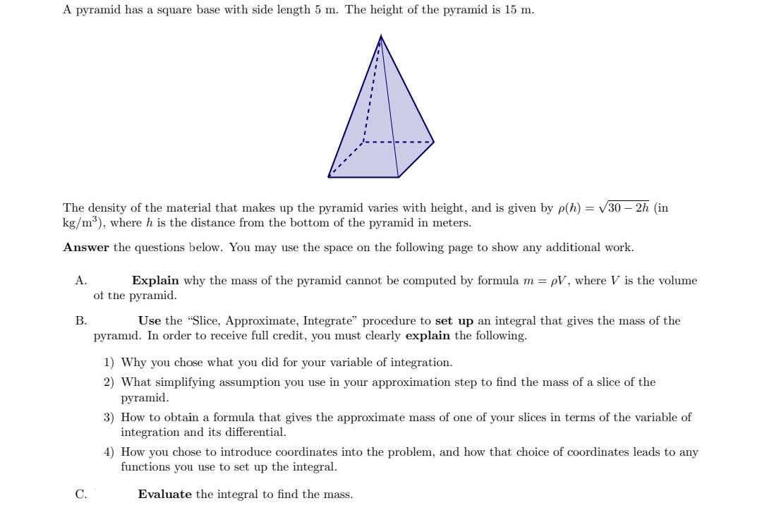 Solved A pyramid has a square base with side length 5m. ﻿The | Chegg.com
