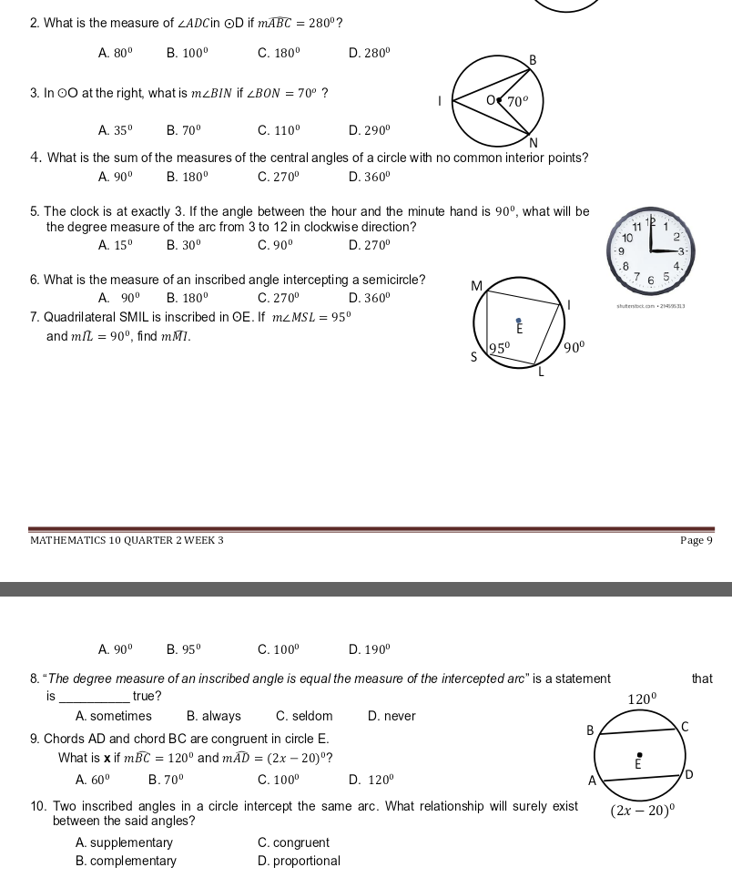 Solved 2. What is the measure of ZADCin OD if mABC = 280º? | Chegg.com