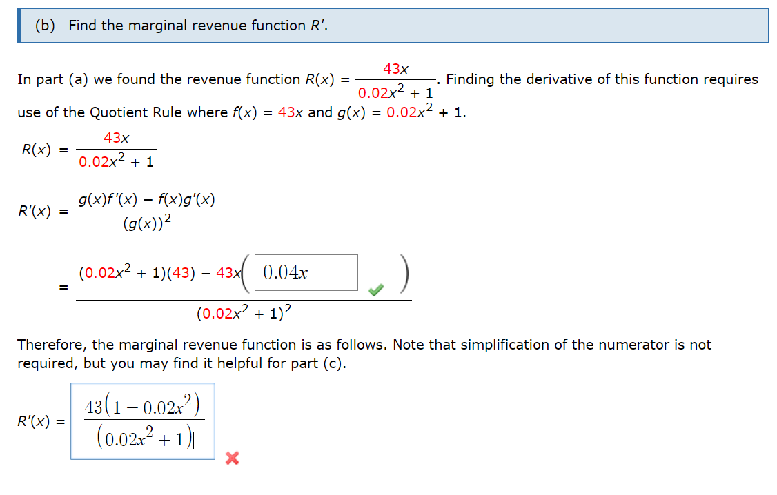 Solved (b) Find the marginal revenue function R'. 43x In | Chegg.com