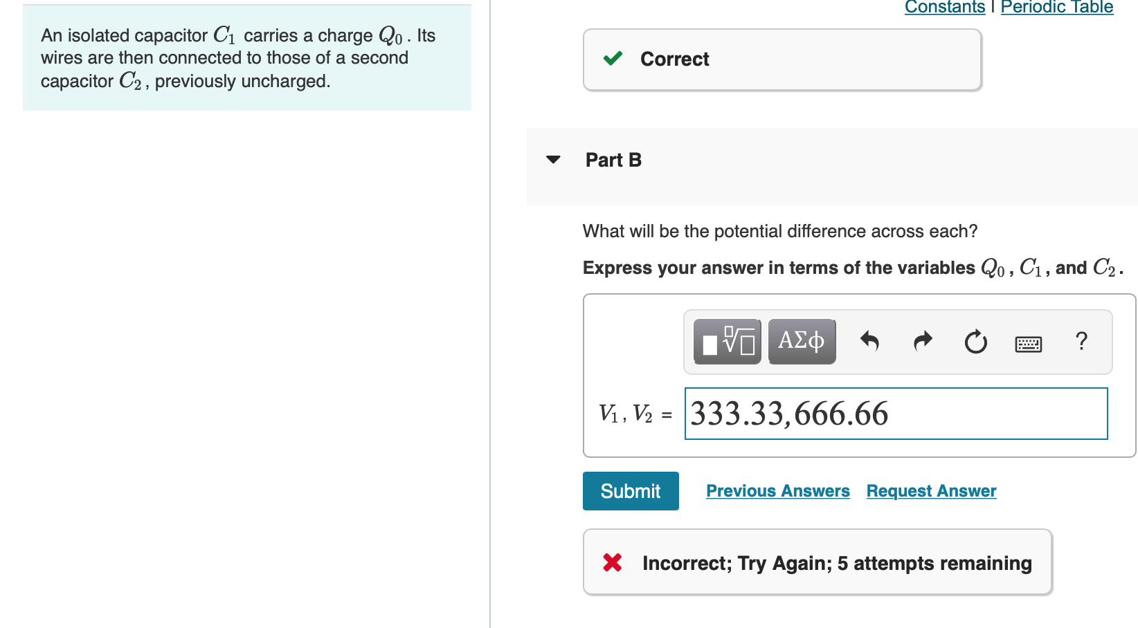Solved Constants Periodic Table An isolated capacitor C1