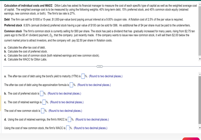 Solved Calculation Of Individual Costs And WACC Dillon Labs | Chegg.com