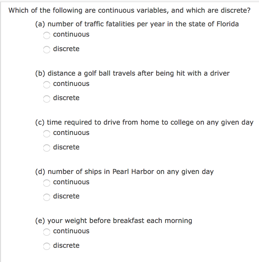 Solved Which of the following are continuous variables, and | Chegg.com