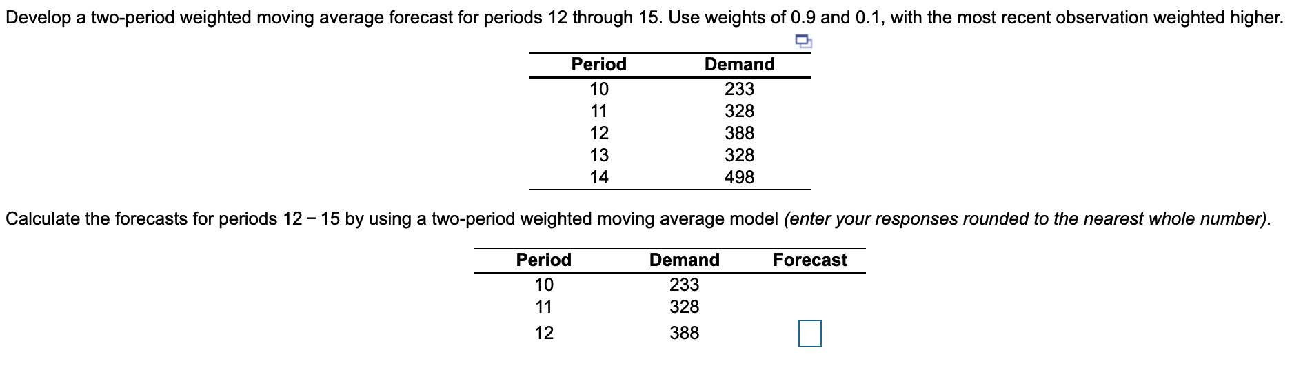 Solved Develop a two-period weighted moving average forecast | Chegg.com