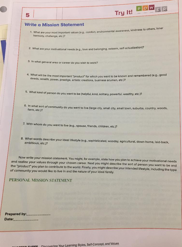 Solved POW 5 Try It! Write a Mission Statement 1. What are | Chegg.com