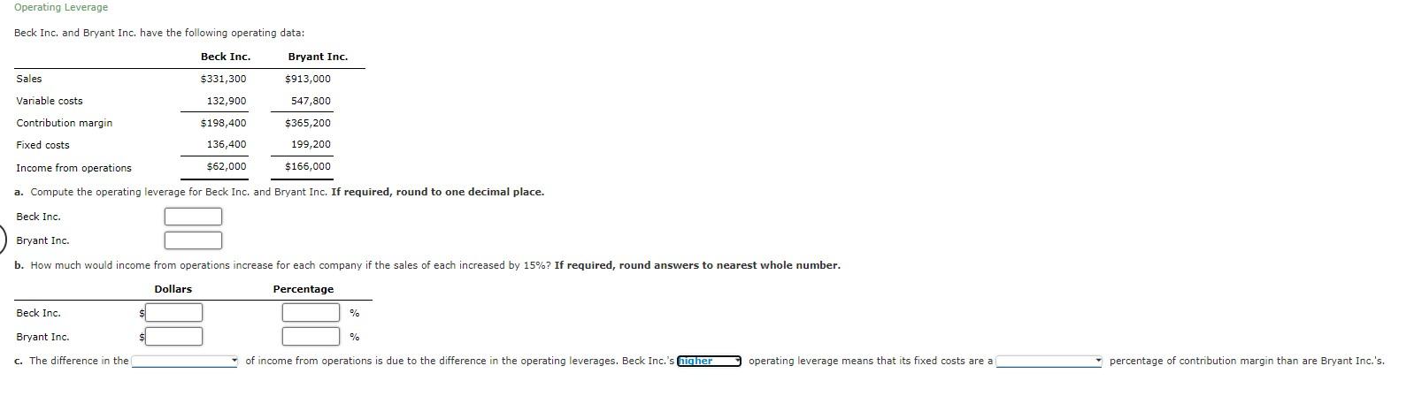 Solved Operating Leverage Beck Inc, and Bryant Inc, have the | Chegg.com