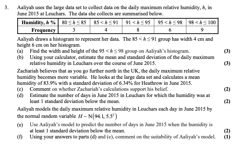 3. Aaliyah uses the large data set to collect data on | Chegg.com