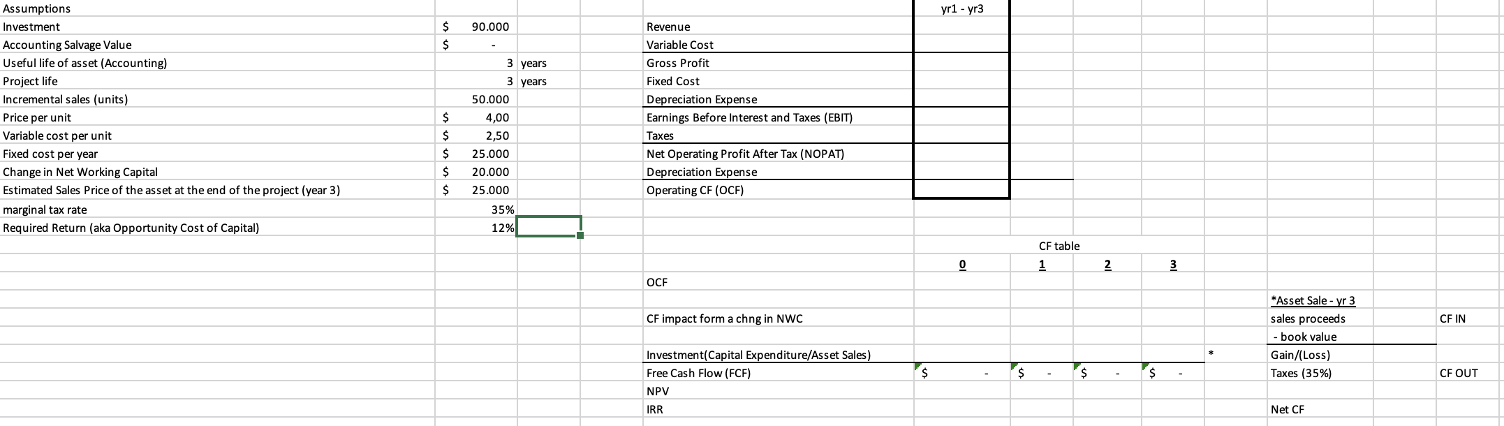 Solved yr1 - yr3 90.000 $ $ 3 years 3 years Assumptions | Chegg.com