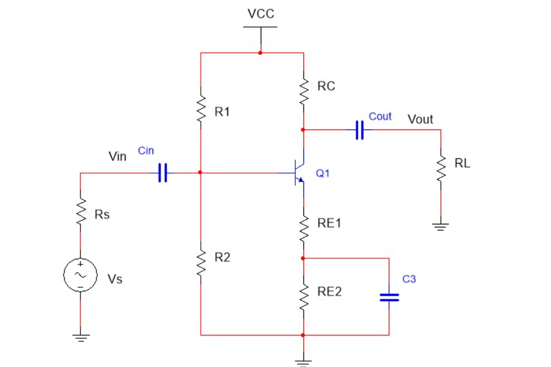 VCC RC R1 Cout Vout H Cin Vin RL H Q1 Rs RE1 R2 Vs C3 | Chegg.com