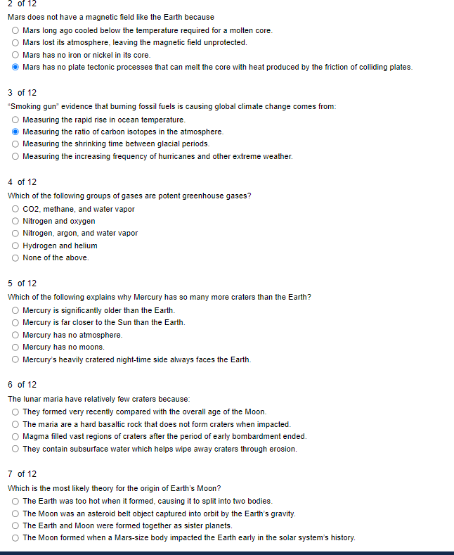 [Solved] 2 of 12 Mars does not have a field like