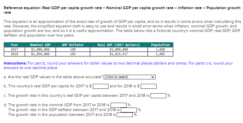 Solved Reference Equation: Real GDP Per Capita Growth Rate = | Chegg.com