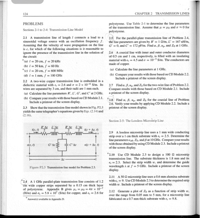 Solved 124 CHAPTER 2 TRANSMISSION LINES PROBLEMS Sections