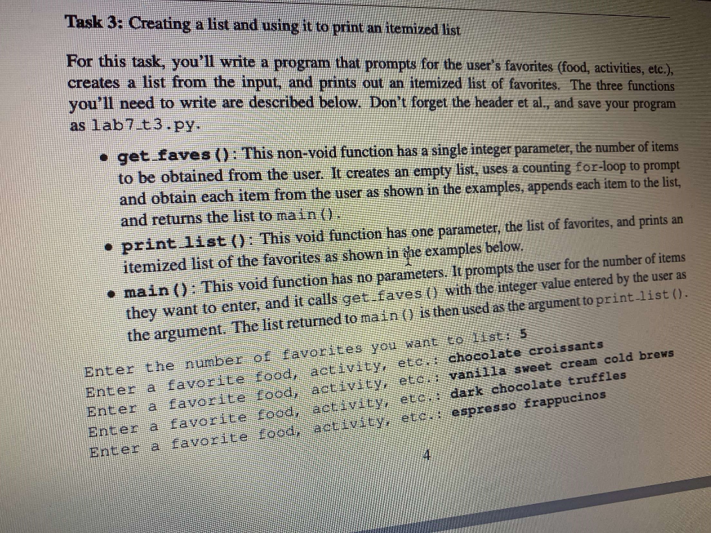 Solved Task 3: Creating a list and using it to print an | Chegg.com