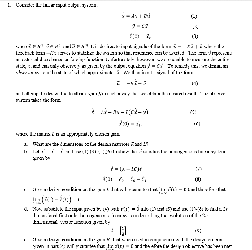 1. Consider the linear input output system: i(0)-o | Chegg.com