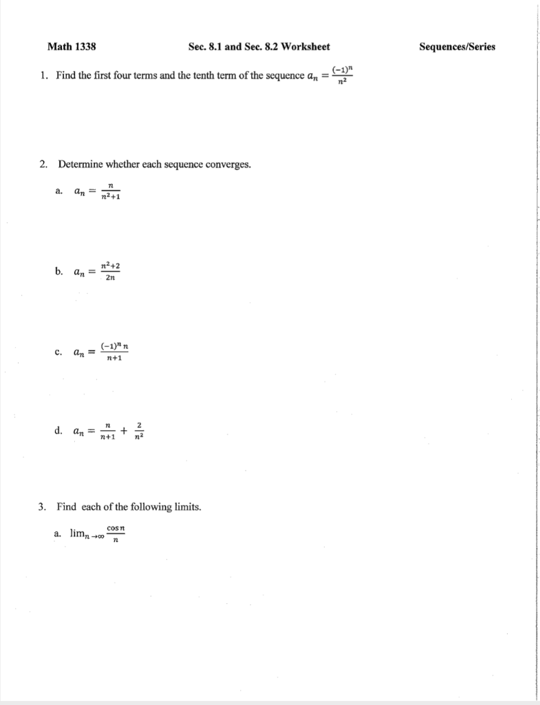 Solved Math 21211 Sec. 21211.211 and Sec. 21211.21 Worksheet  Chegg.com Throughout Sequences And Series Worksheet