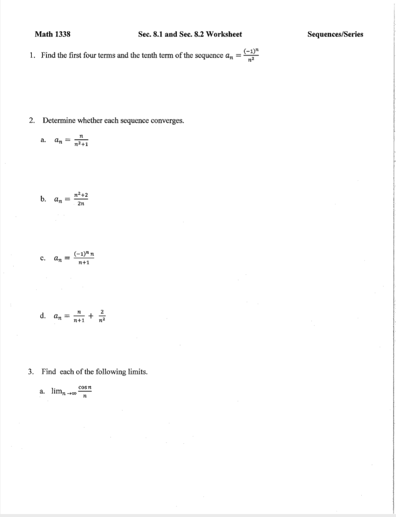 Solved Math 21211 Sec. 21211.211 and Sec. 21211.21 Worksheet  Chegg.com Inside Sequence And Series Worksheet