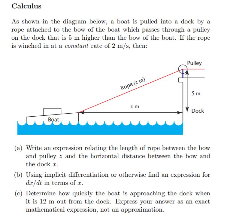 Solved Calculus As Shown In The Diagram Below, A Boat Is | Chegg.com