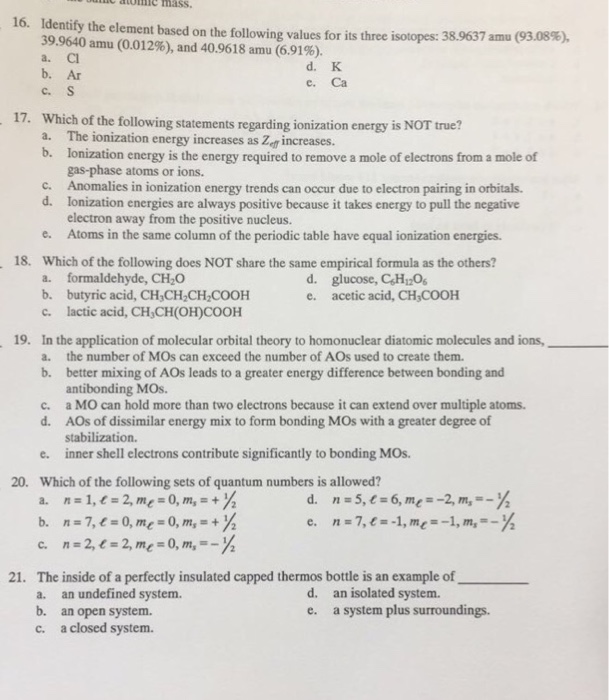 Solved Identify the element based on the following values | Chegg.com